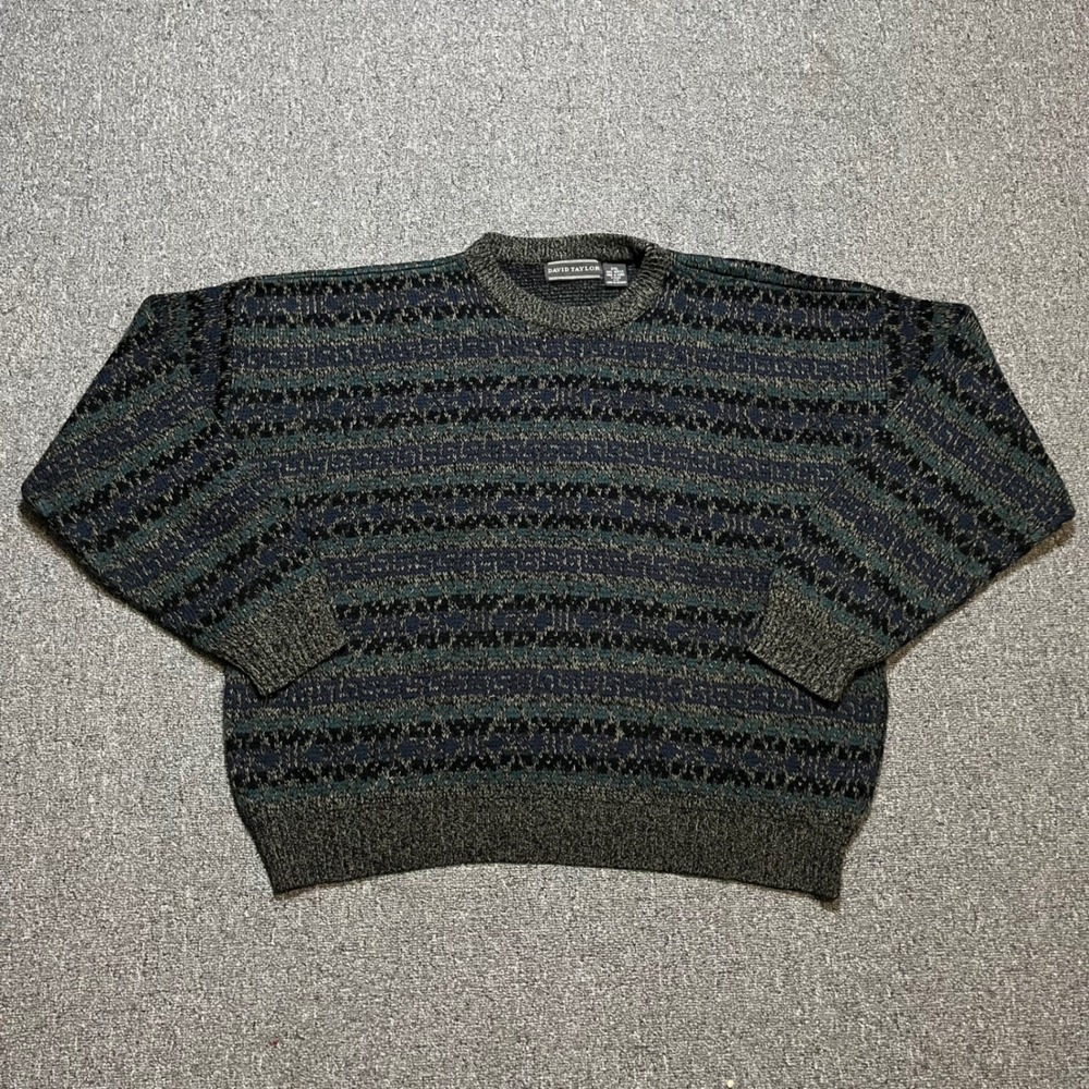David Taylor Vintage Geometric Knit Crewneck Sweater 2XL‎ Blue Green Grey